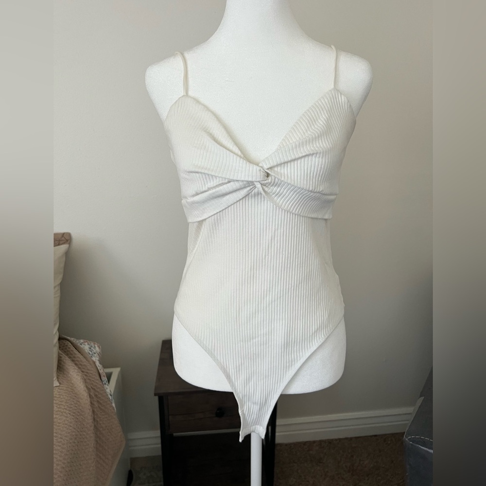 SHEIN | White Ribbed Twist Front Bodysuit Tank Top